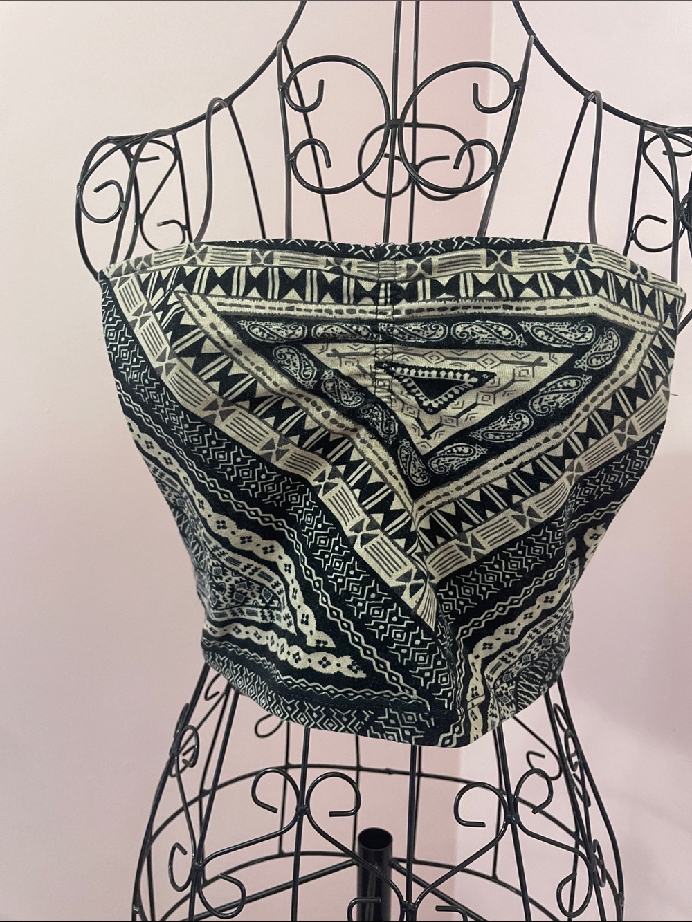 Garage Strapless Geometric Print Crop Top - Black & Cream